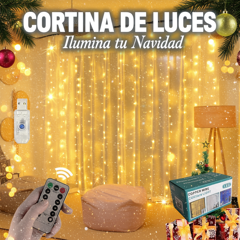 CORTINA DE LUCES MULTICOLOR COBRE 3X3 METROS CON CONTROL